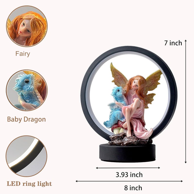 Hmusnwol Store Fairy Dragon Figurine Lamp - Fairy Collection Pixie Statue with 6.15 inch LED Circle Table Lamp for Gifts,Fantasy/Bedroom/Bookshelf/Desk Decoration - Image 2